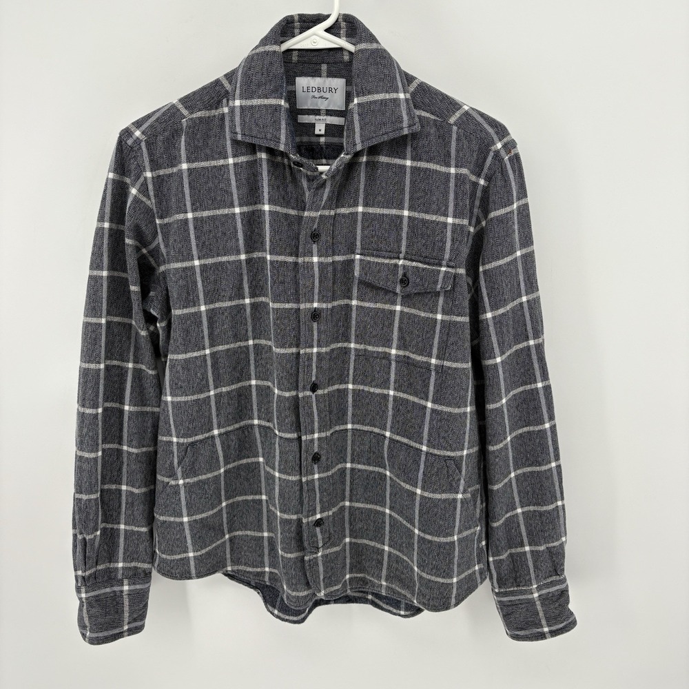 Ledbury Slim Fit‎ Flannel Shirt Mens M Gray Windowpane 100% Cotton Button Up